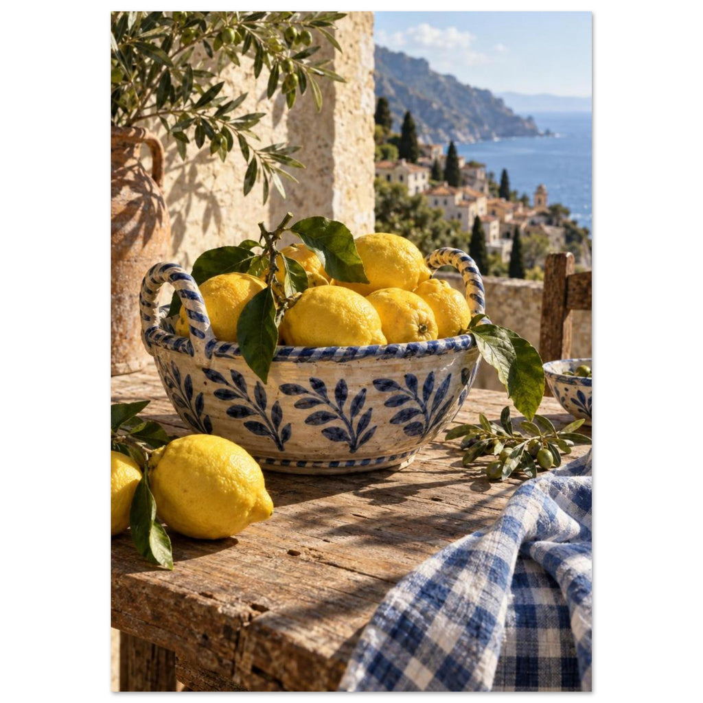Lemons in a blue-and-white bowl on a wooden table, with olive branches, checked cloth and a coastal village beyond.