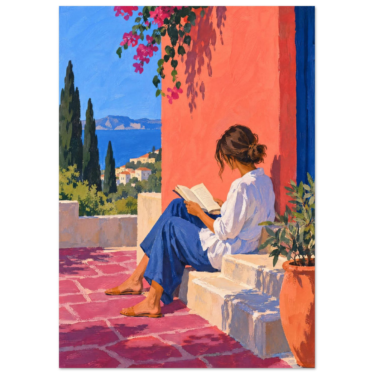 Woman reading on stone steps beside a coral wall, with pink flowers, potted greenery and a blue sea view.