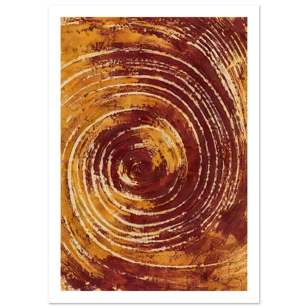 Abstract spiral of rough burgundy and ochre brush marks with cream gaps, sweeping outward across a vertical composition.