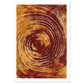 Abstract spiral of rough burgundy and ochre brush marks with cream gaps, sweeping outward across a vertical composition.
