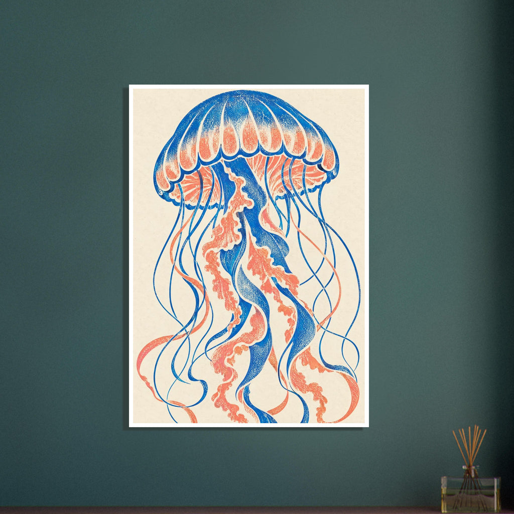 Jellyfish with a blue and coral scalloped bell and long curling tentacles on a textured cream background.