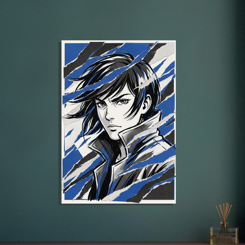 Manga-style portrait with windswept dark hair and a high collar, crossed by blue, black and off-white torn-paper bands.