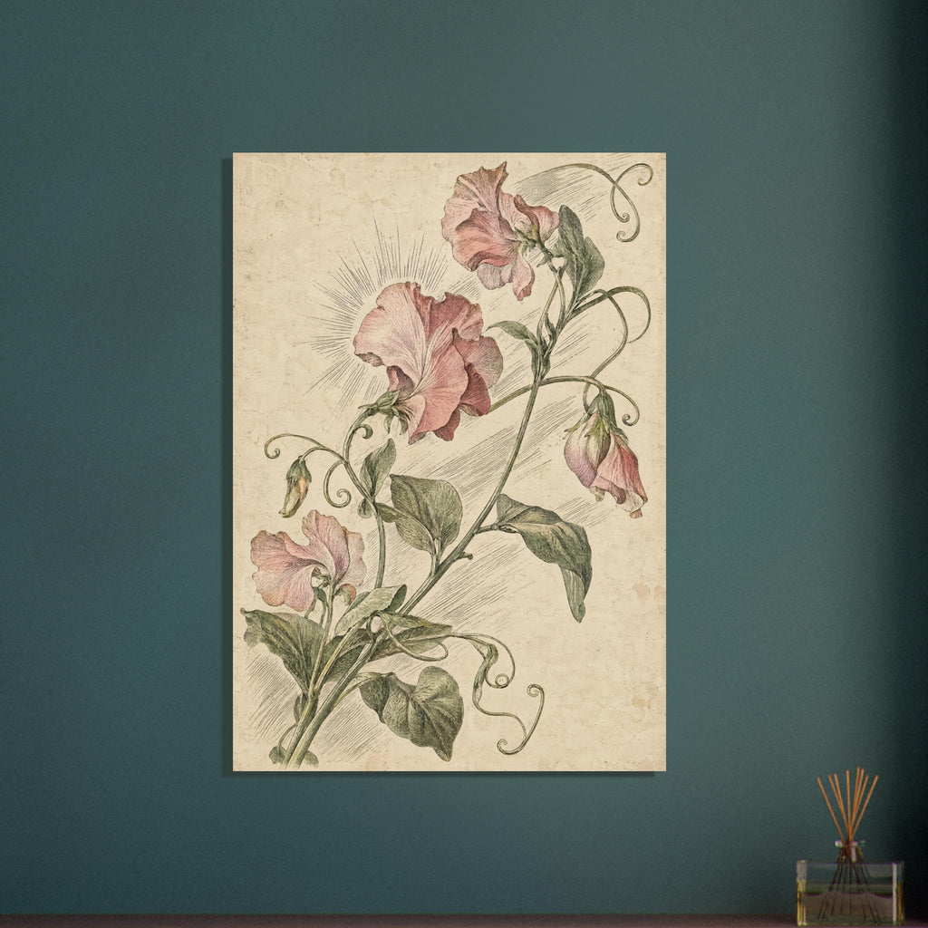 Pink sweet pea flowers with green leaves and curling tendrils, finely illustrated on a mottled cream background.