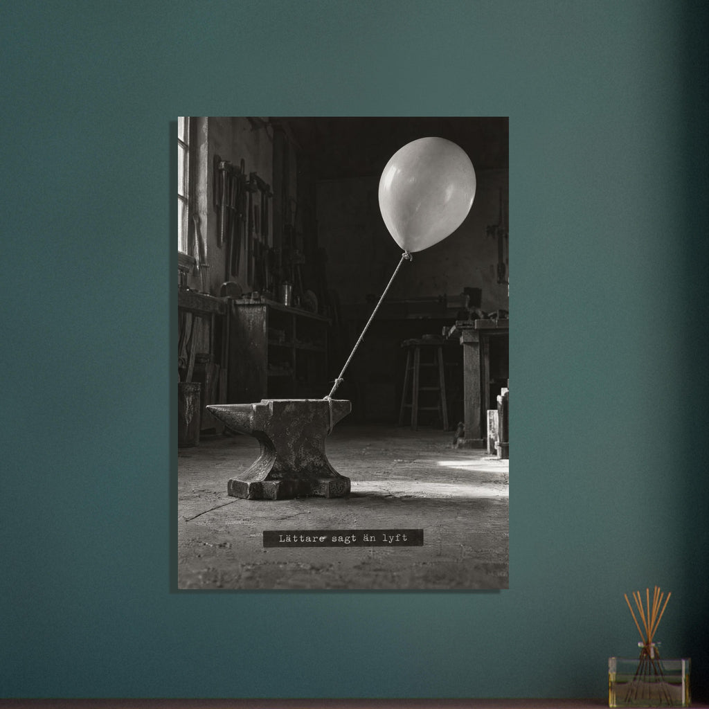 En ballong bunden till ett tungt städ på ett verkstadsgolv, fotograferad i svartvitt med texten ”Lättare sagt än lyft”.