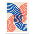 Blue and coral curved bands overlap across a cream background, with a distressed texture throughout.