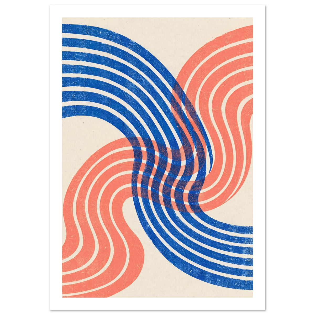 Blue and coral curved bands overlap across a cream background, with a distressed texture throughout.
