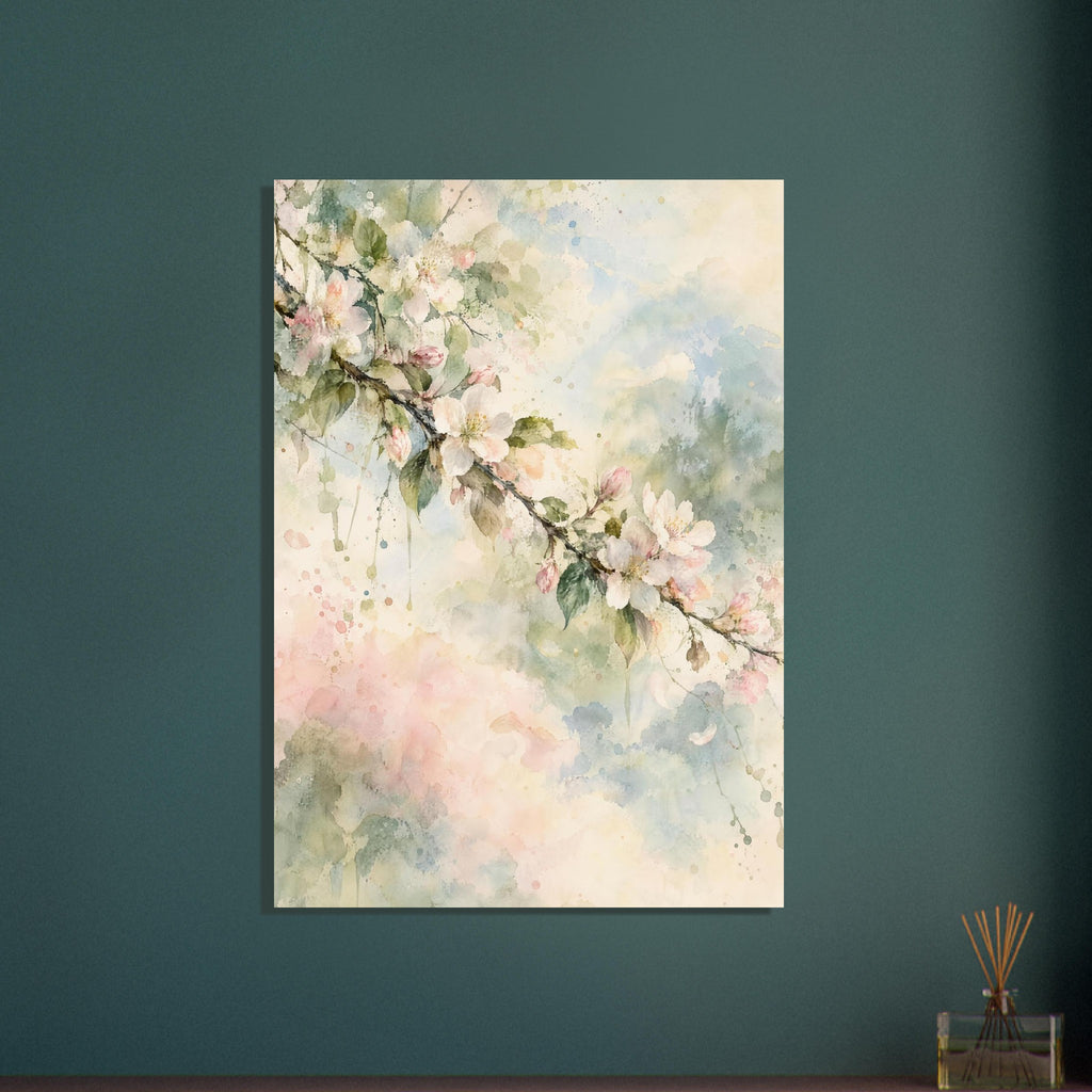 Flowering branch with pale pink and white blossom and green leaves against soft cream, blue and pink watercolour washes.