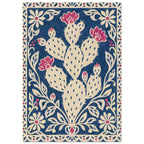 Cream prickly pear cactus with pink blooms on a textured navy background, surrounded by an ornate floral border.