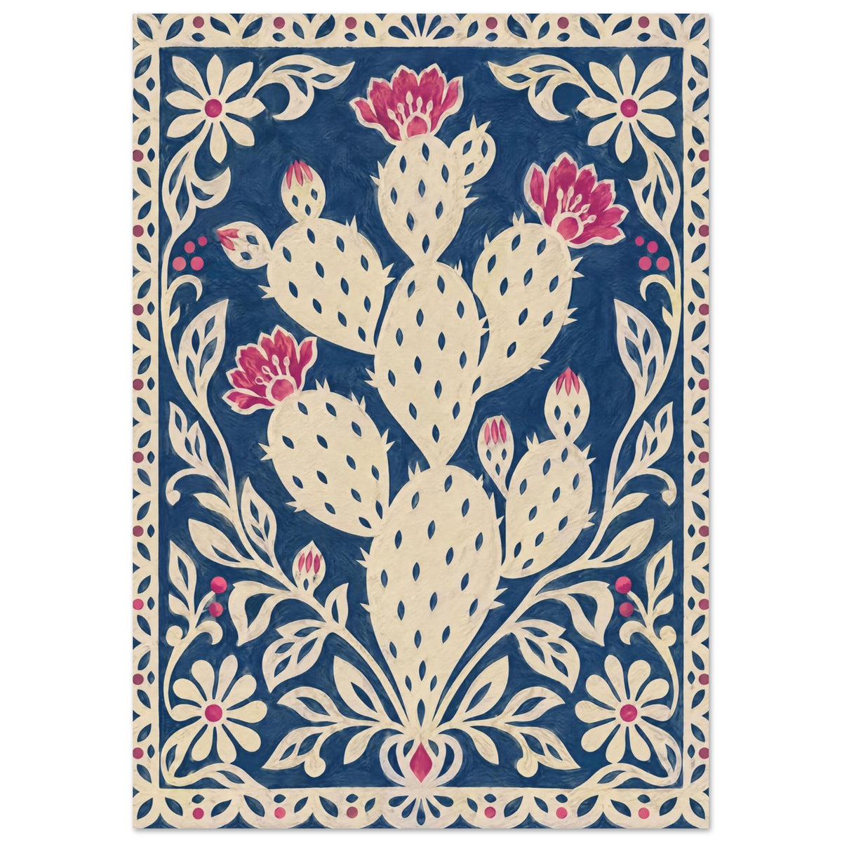 Cream prickly pear cactus with pink blooms on a textured navy background, surrounded by an ornate floral border.