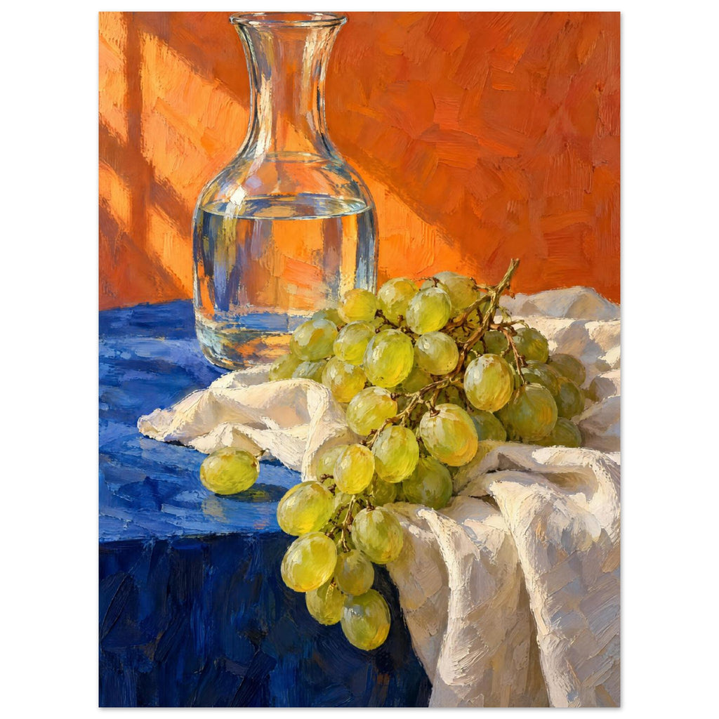 Green grapes on cream fabric beside a glass carafe of water, with a blue tabletop and textured orange background.