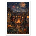 People with sparklers gather around a fire pit with a dog in an allotment, beneath fireworks in a dark blue sky.