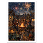 People with sparklers gather around a fire pit with a dog in an allotment, beneath fireworks in a dark blue sky.