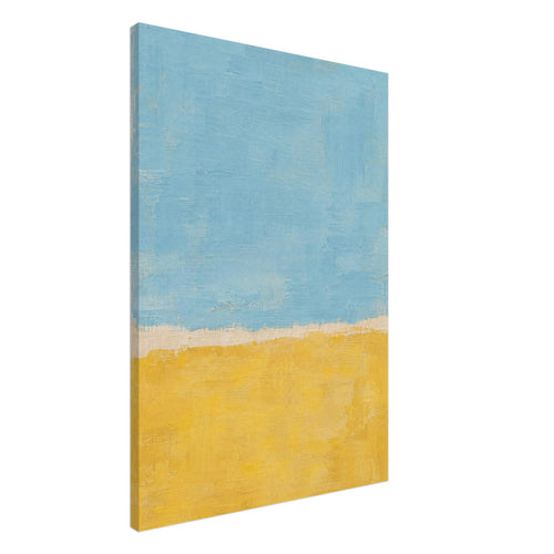 Abstract colour blocks with pale blue above warm yellow, textured brush marks and an uneven cream divide.