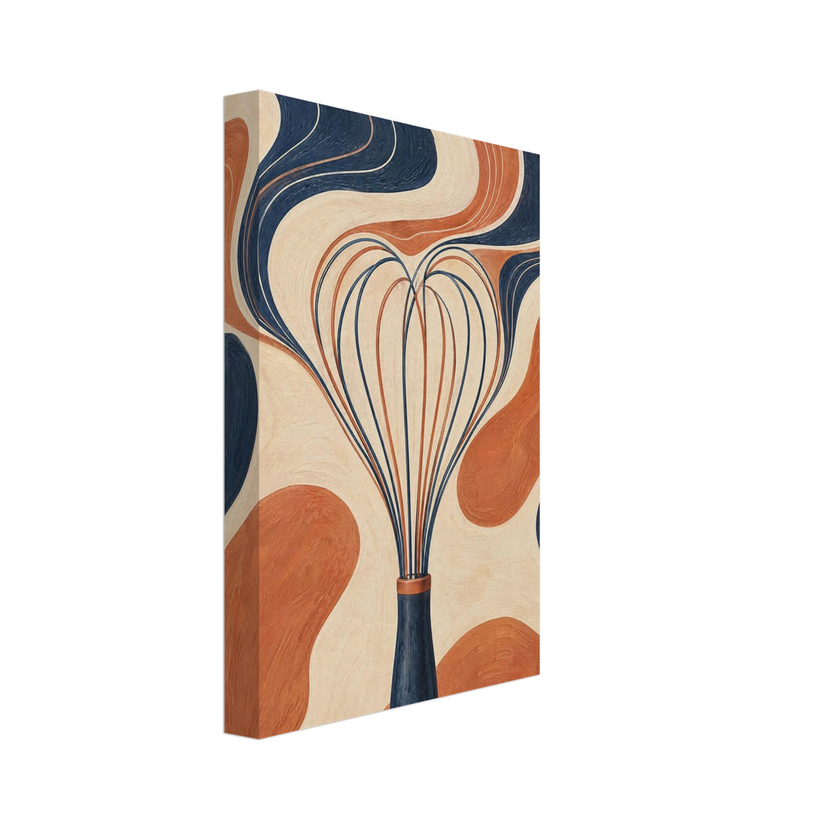 Kitchen whisk with a navy handle against textured, flowing bands of terracotta, cream and navy.
