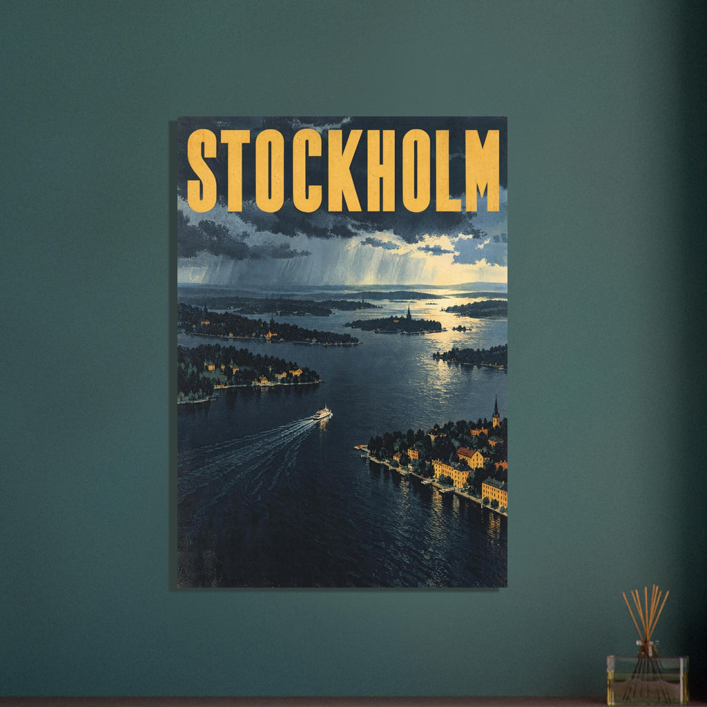 Stockholm poster with yellow lettering above storm clouds, wooded islands and a ferry crossing dark blue water.