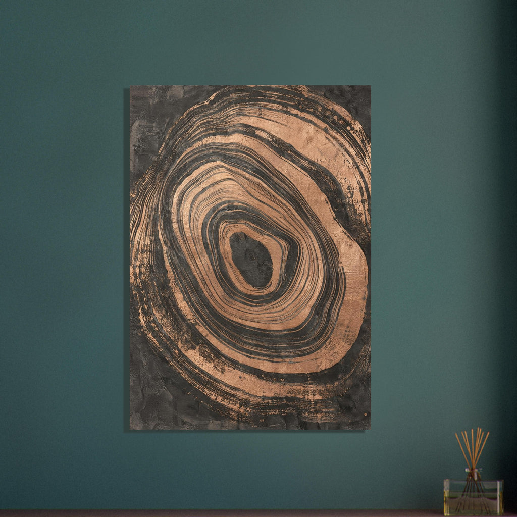 Irregular copper-toned concentric rings with distressed edges surrounding a dark centre on a textured charcoal background.