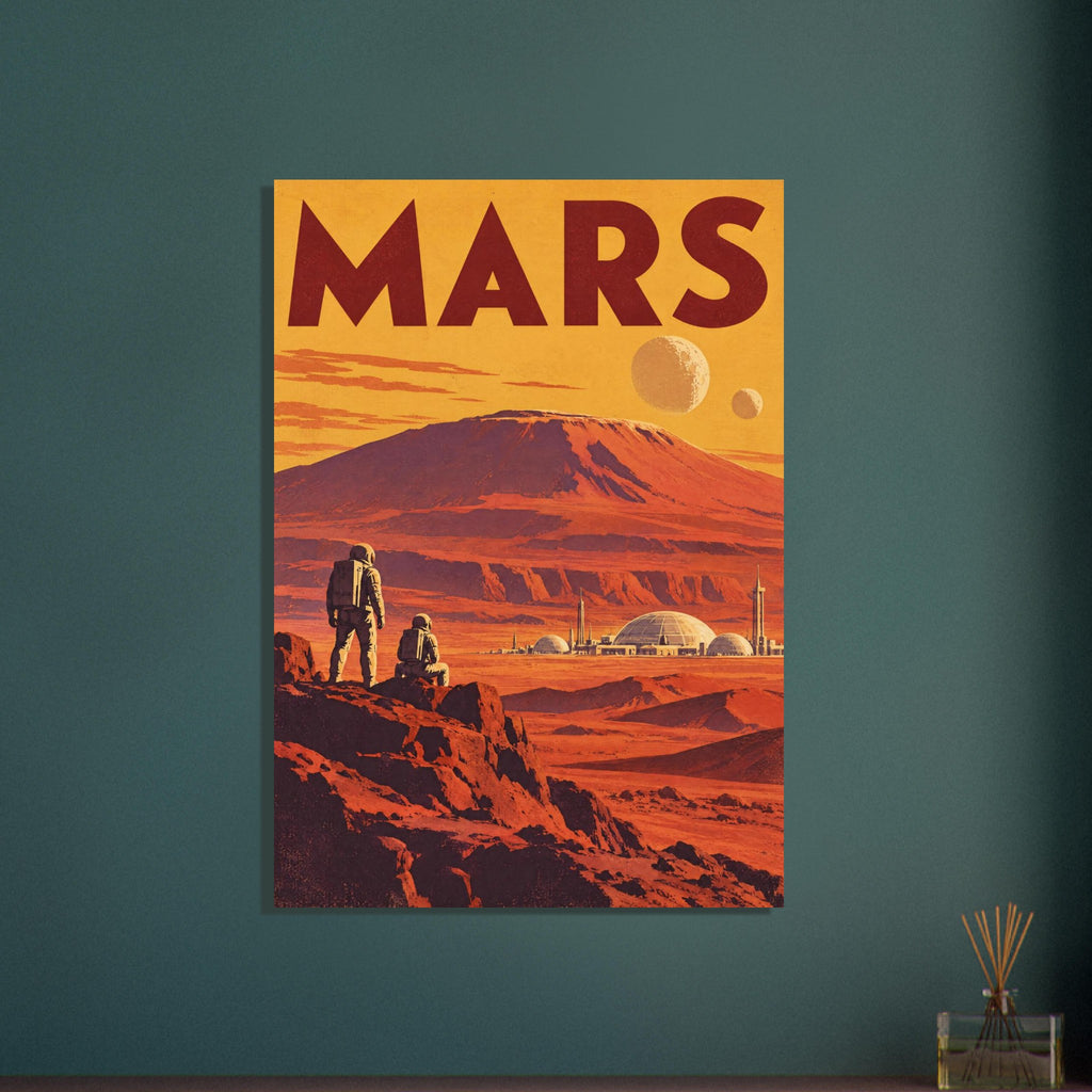 Mars lettering above an orange mountain landscape, two astronauts, a domed settlement and two celestial bodies.