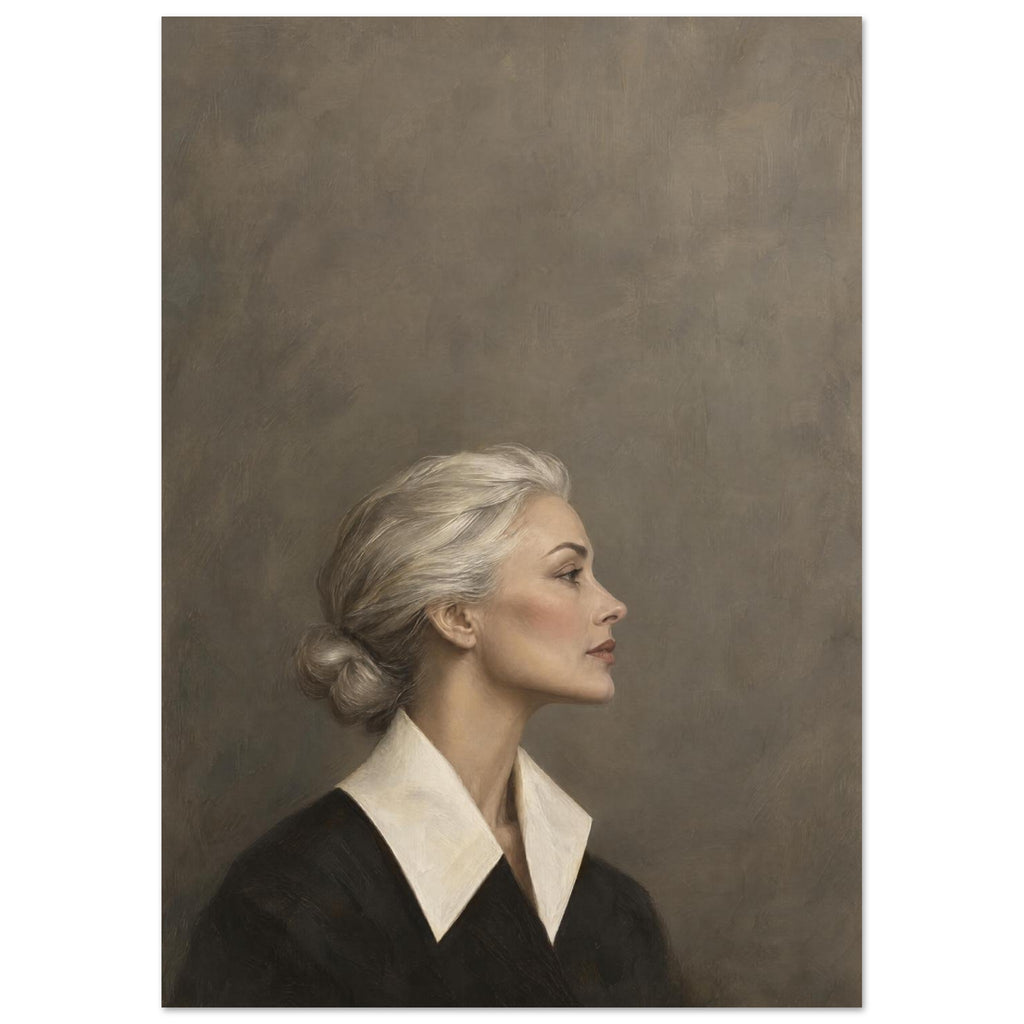 Silver-haired woman in right-facing profile, wearing a dark outfit with an ivory collar against a textured taupe background.