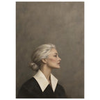 Silver-haired woman in right-facing profile, wearing a dark outfit with an ivory collar against a textured taupe background.