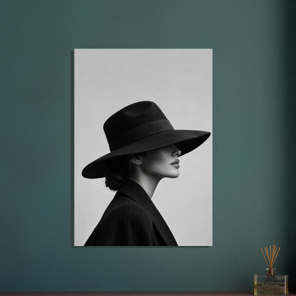 Woman in profile wearing a wide-brimmed black hat that covers her eyes and a dark coat against a plain grey background.