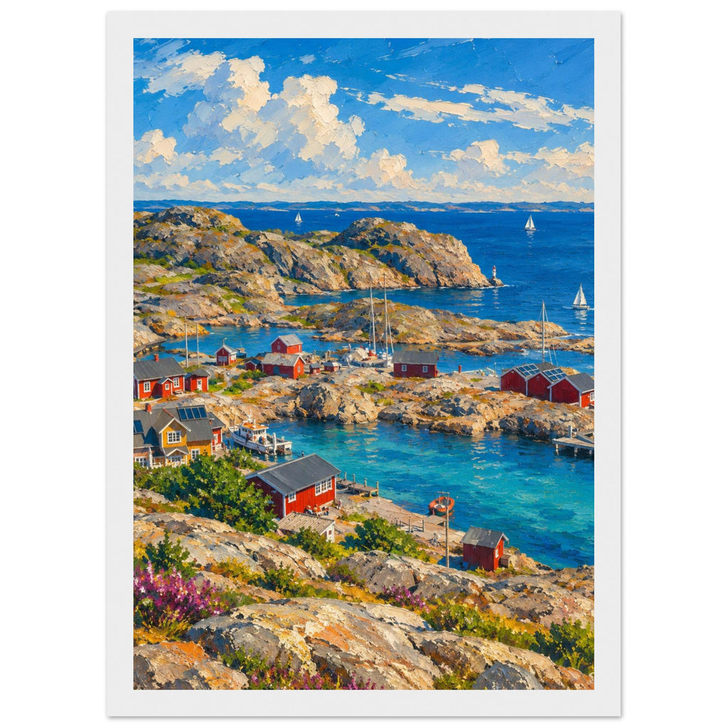 Rocky harbour with red cabins, wooden jetties and sailboats on blue water beneath cream clouds, with flowers in front.
