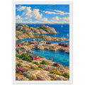 Rocky harbour with red cabins, wooden jetties and sailboats on blue water beneath cream clouds, with flowers in front.