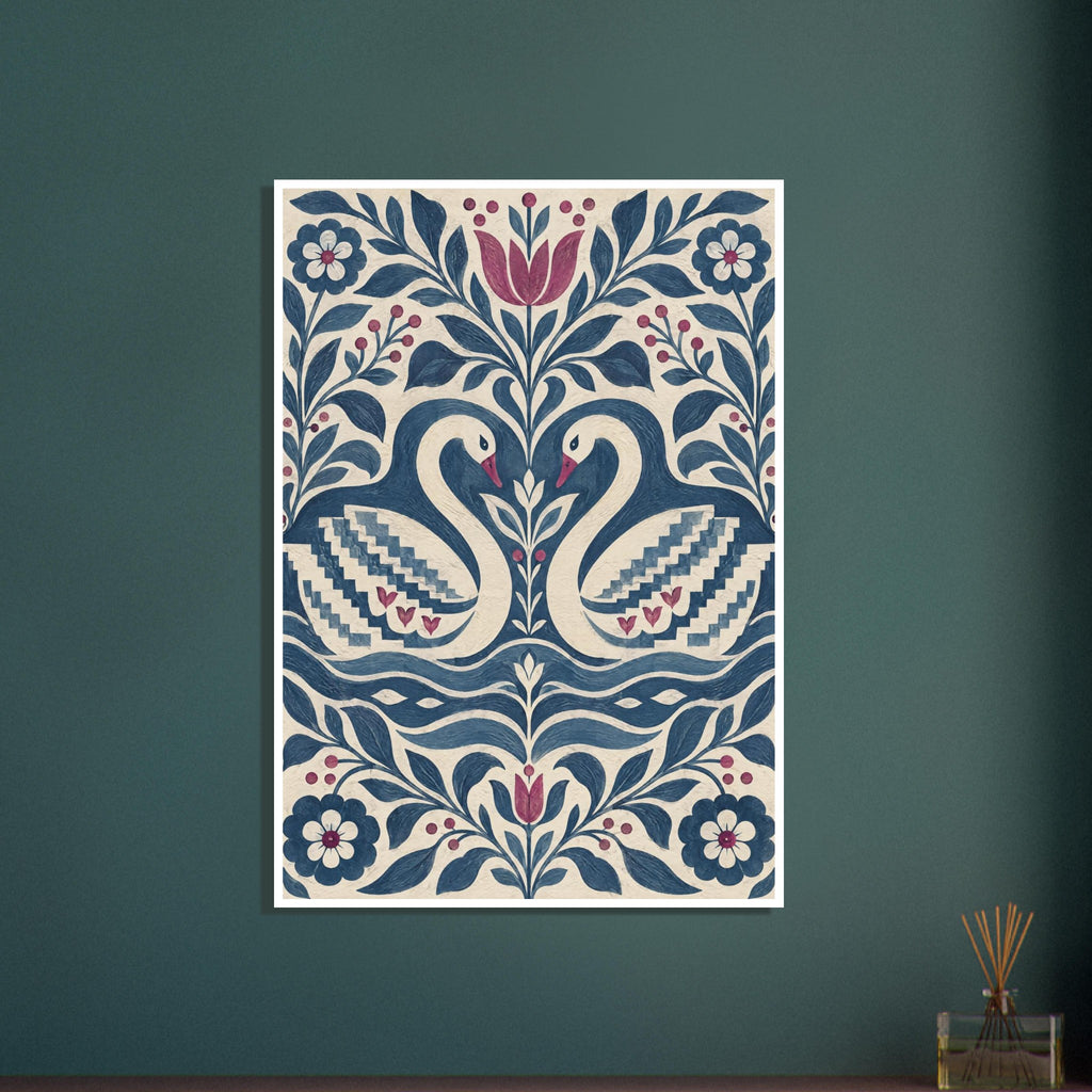 Two cream swans with blue patterned wings face each other among blue foliage and burgundy flowers on a cream background.