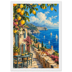 Lemon branches above a seaside terrace with a table, chairs and resting cat, overlooking sailboats and a coastal village.