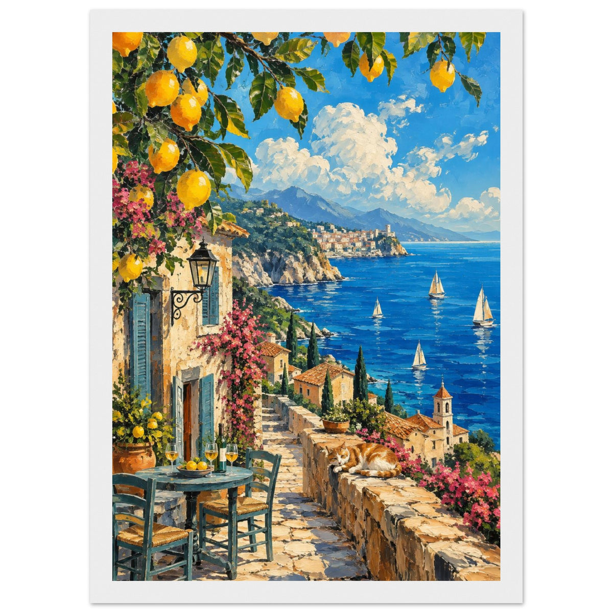 Lemon branches above a seaside terrace with a table, chairs and resting cat, overlooking sailboats and a coastal village.