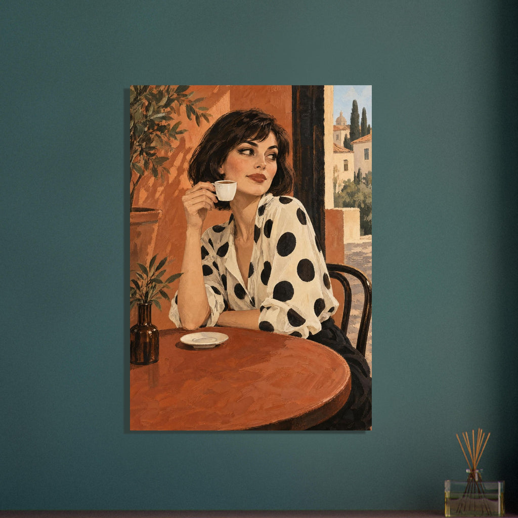 Polka Dot Espresso shows a bob-haired woman in a spotted ivory blouse lifting an espresso cup at a round café table.