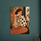 Polka Dot Espresso shows a bob-haired woman in a spotted ivory blouse lifting an espresso cup at a round café table.