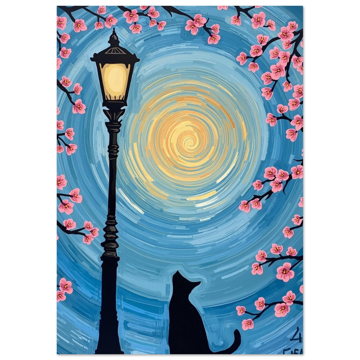 Black cat beside a glowing street lamp, framed by pink blossom branches against a swirling blue and yellow sky.