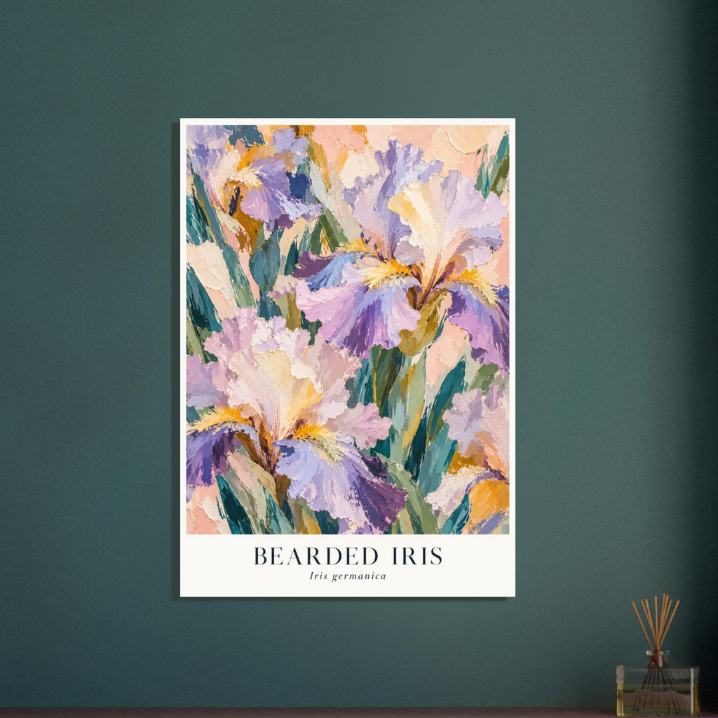Bearded iris flowers in lilac and cream with green leaves, a peach background and botanical name lettering below.