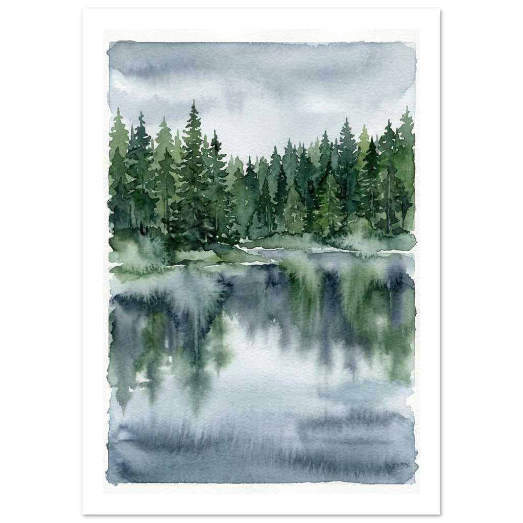 Watercolour pine forest beside a lake, with green trees reflected in blue-grey water beneath a cloudy sky.