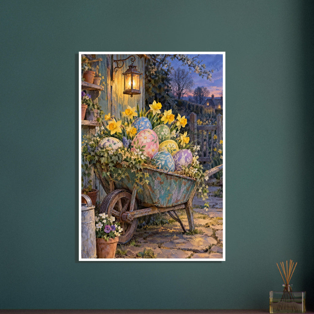 Wheelbarrow filled with patterned Easter eggs, daffodils and trailing flowers beside a glowing lantern at dusk.
