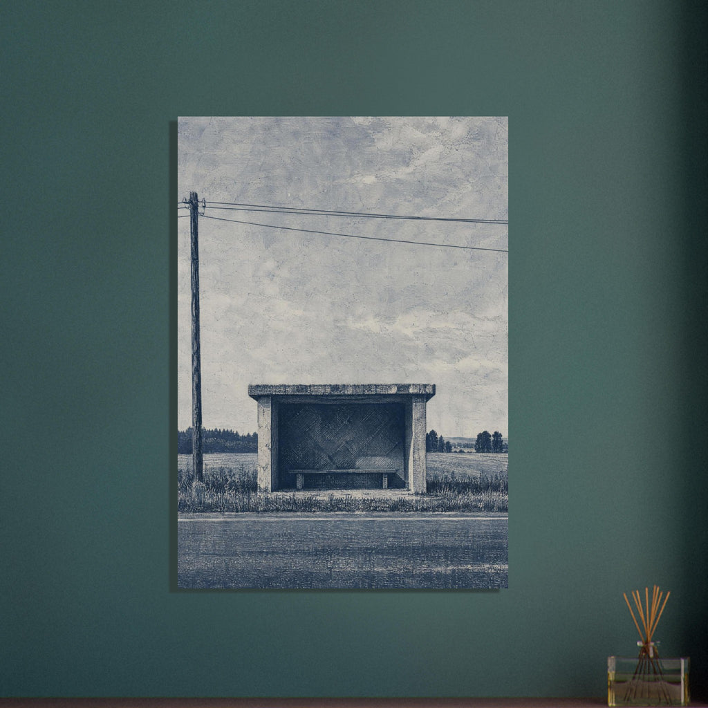 Rural bus shelter with an empty bench beside a road, open fields and a utility pole beneath a textured blue-grey sky.