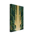 Golden waterfalls cascade down stepped green cliffs amid dense foliage, beneath a round sun and into a reflective pool.