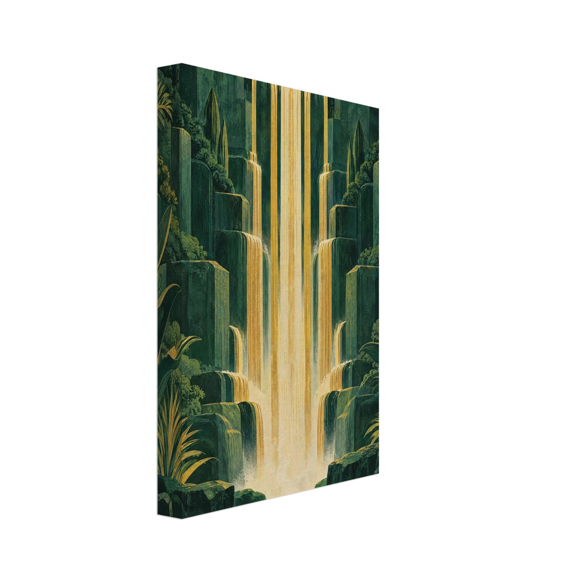 Golden waterfalls cascade down stepped green cliffs amid dense foliage, beneath a round sun and into a reflective pool.