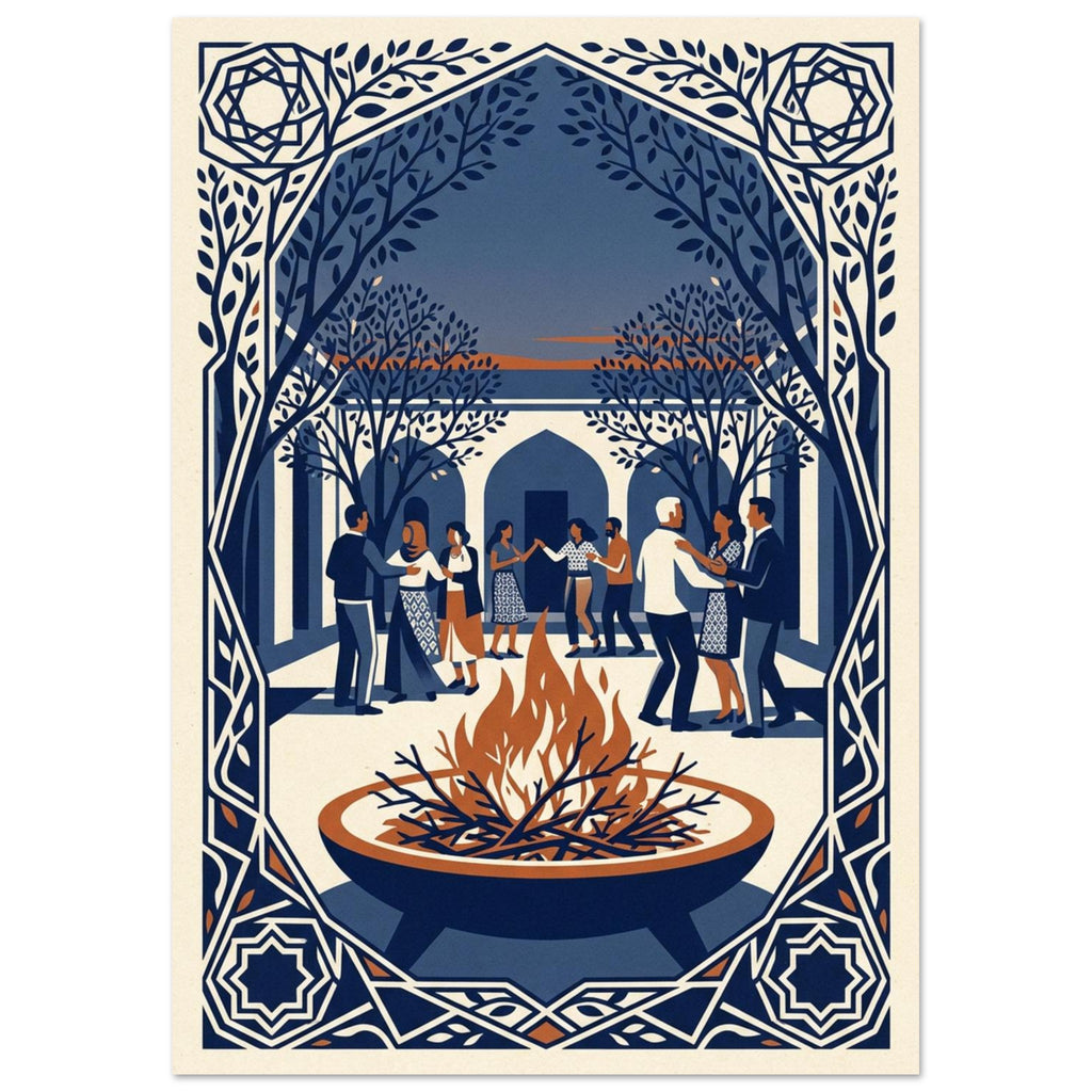 Fire bowl with orange flames before dancing people, trees and arches, enclosed by an ornate blue and cream border.