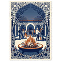 Fire bowl with orange flames before dancing people, trees and arches, enclosed by an ornate blue and cream border.