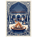 Fire bowl with orange flames before dancing people, trees and arches, enclosed by an ornate blue and cream border.