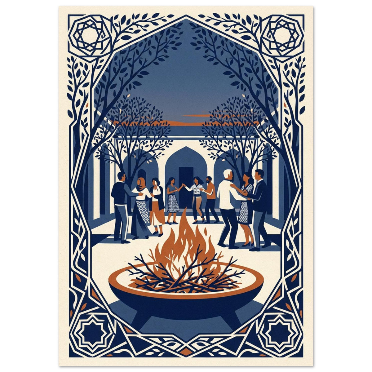 Fire bowl with orange flames before dancing people, trees and arches, enclosed by an ornate blue and cream border.