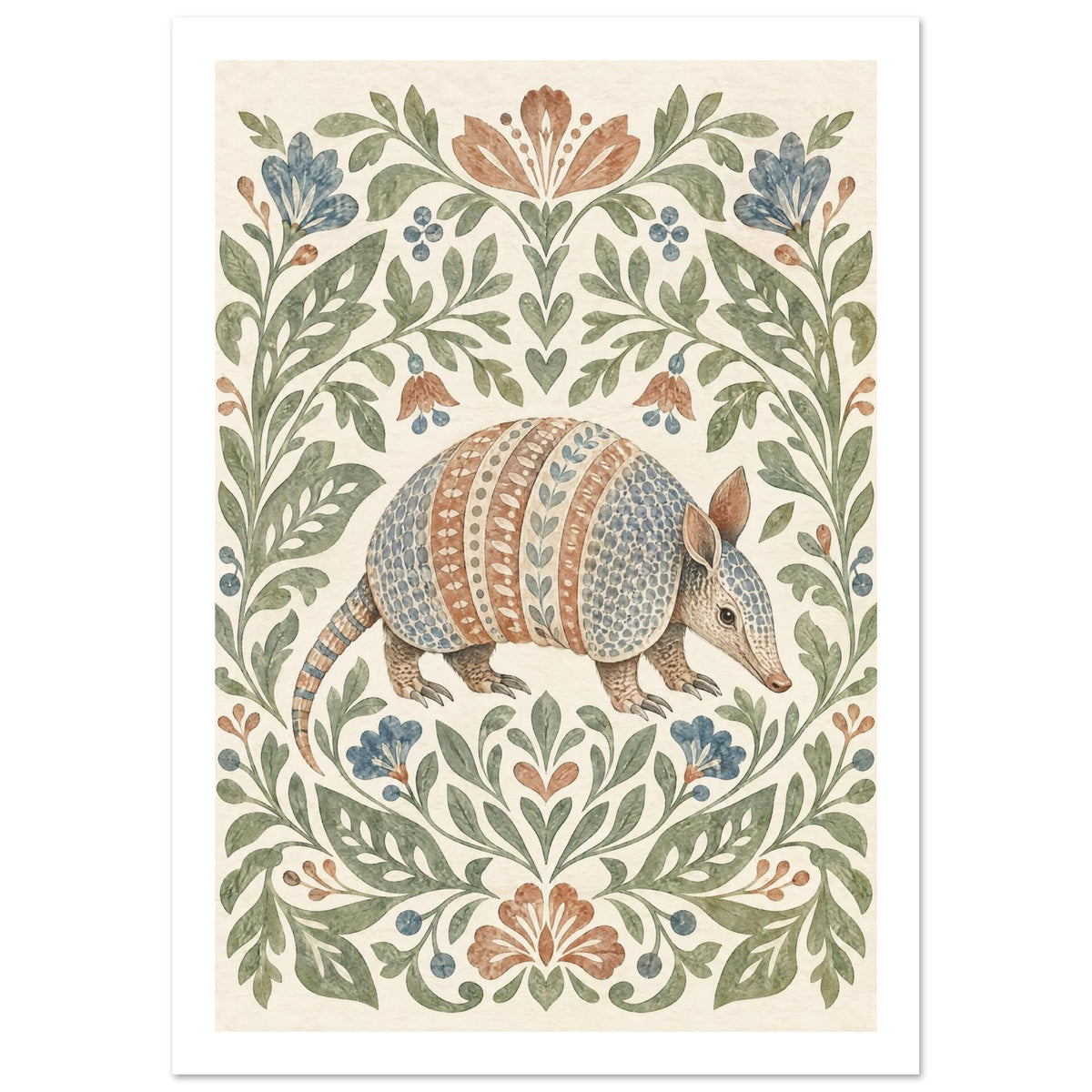 Armadillo Folk Art Botanical Poster – White Border