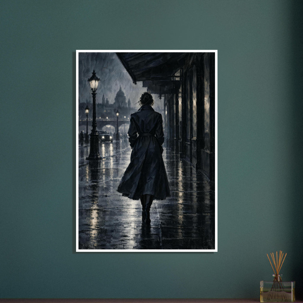 Raincoat at Midnight, a rear-view figure in a long raincoat under an awning, outlined above wet pavement in navy and charcoal
