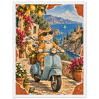 Orange cat in sunglasses and a scarf on a blue scooter, with lemons, flowers, coastal buildings and sailboats behind.