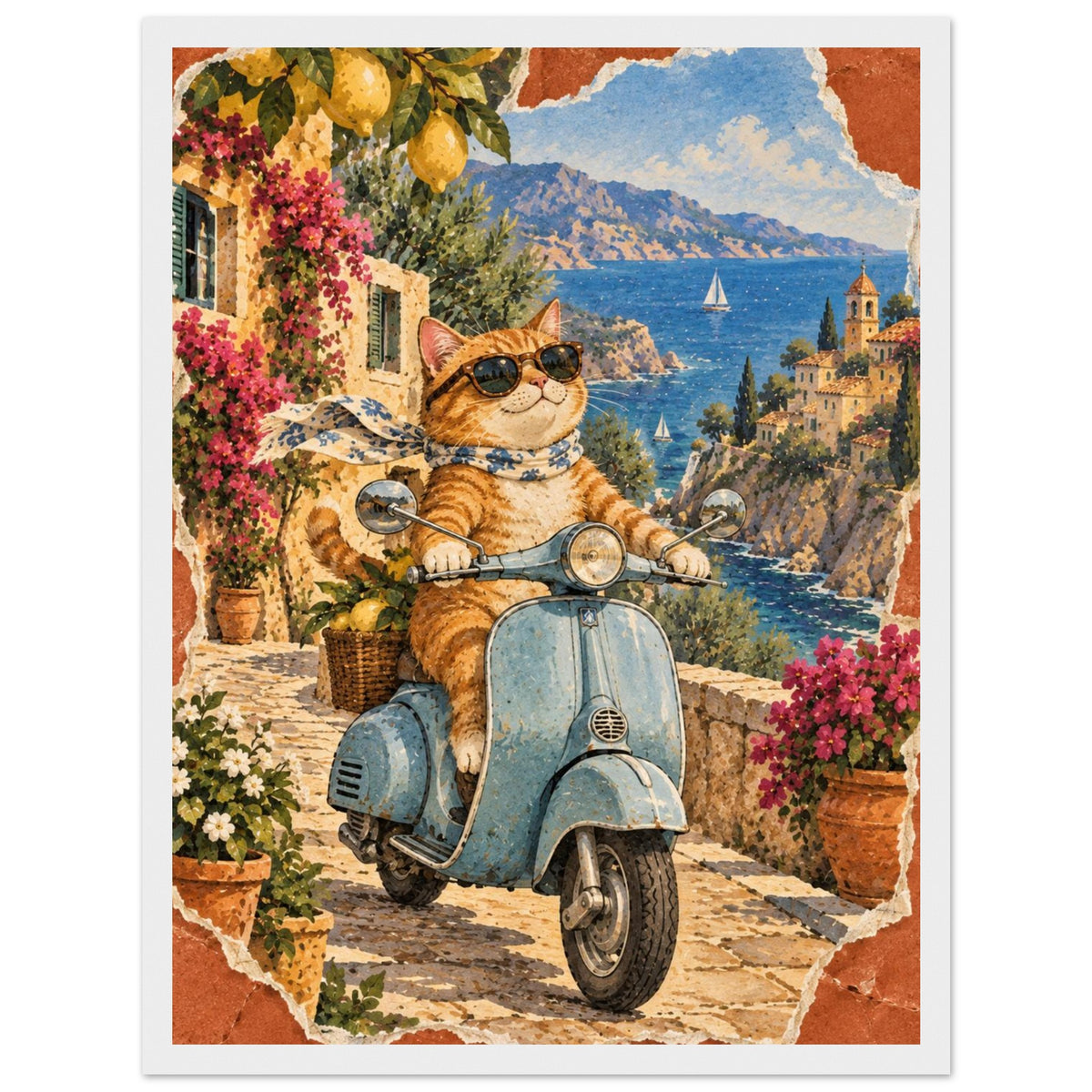 Orange cat in sunglasses and a scarf on a blue scooter, with lemons, flowers, coastal buildings and sailboats behind.