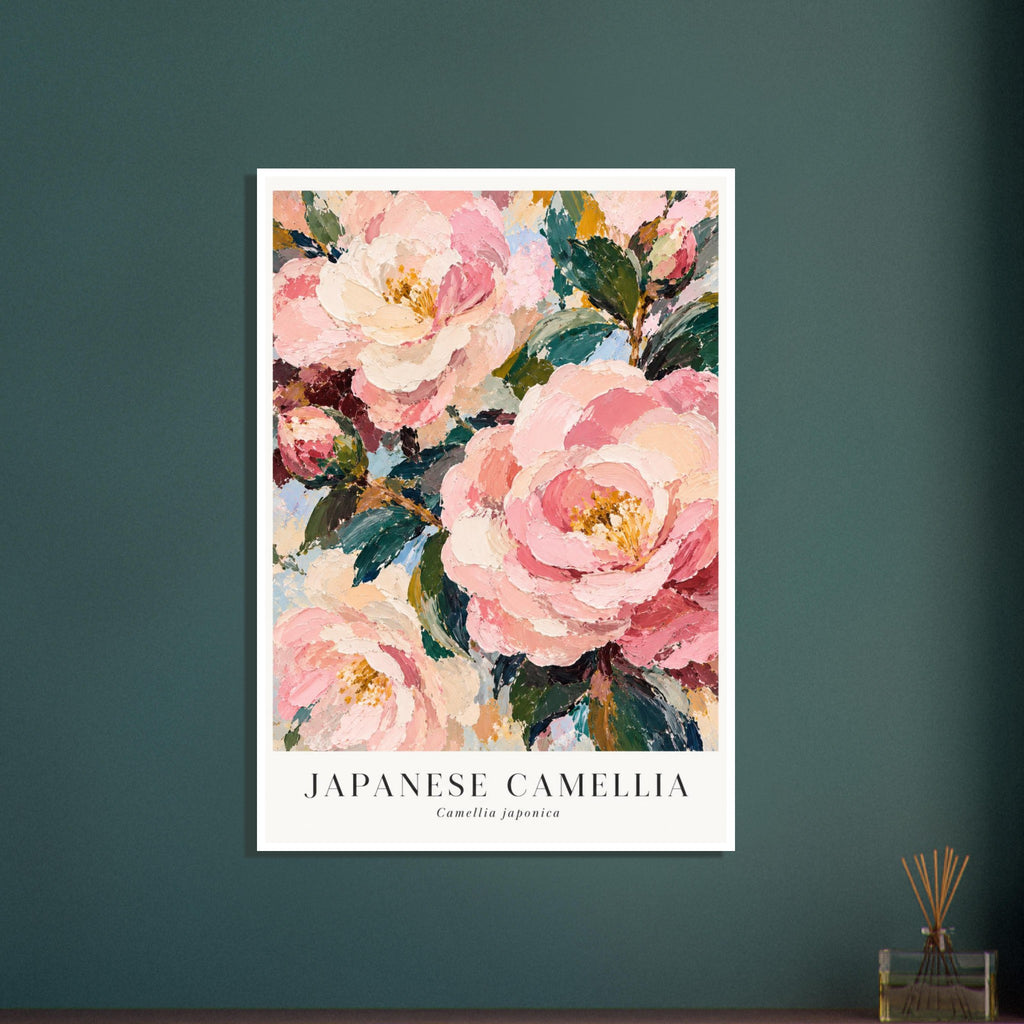 Pink and cream camellia flowers with green leaves and textured brushwork above Japanese Camellia and Camellia japonica letter