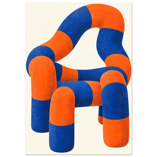 Sculptural chair made of rounded blue and orange sections with mottled texture against a cream background.