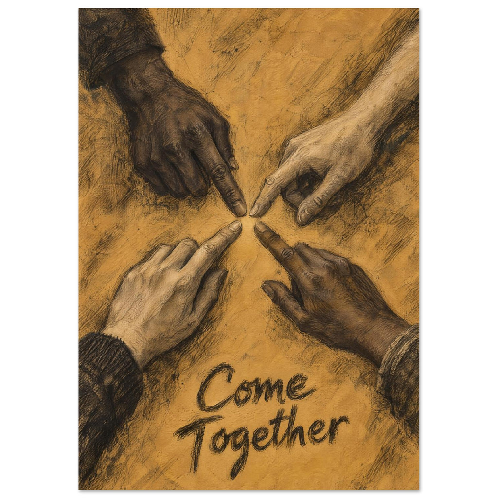 Four sketched hands with varied skin tones point towards the centre on an ochre background above “Come Together” text.