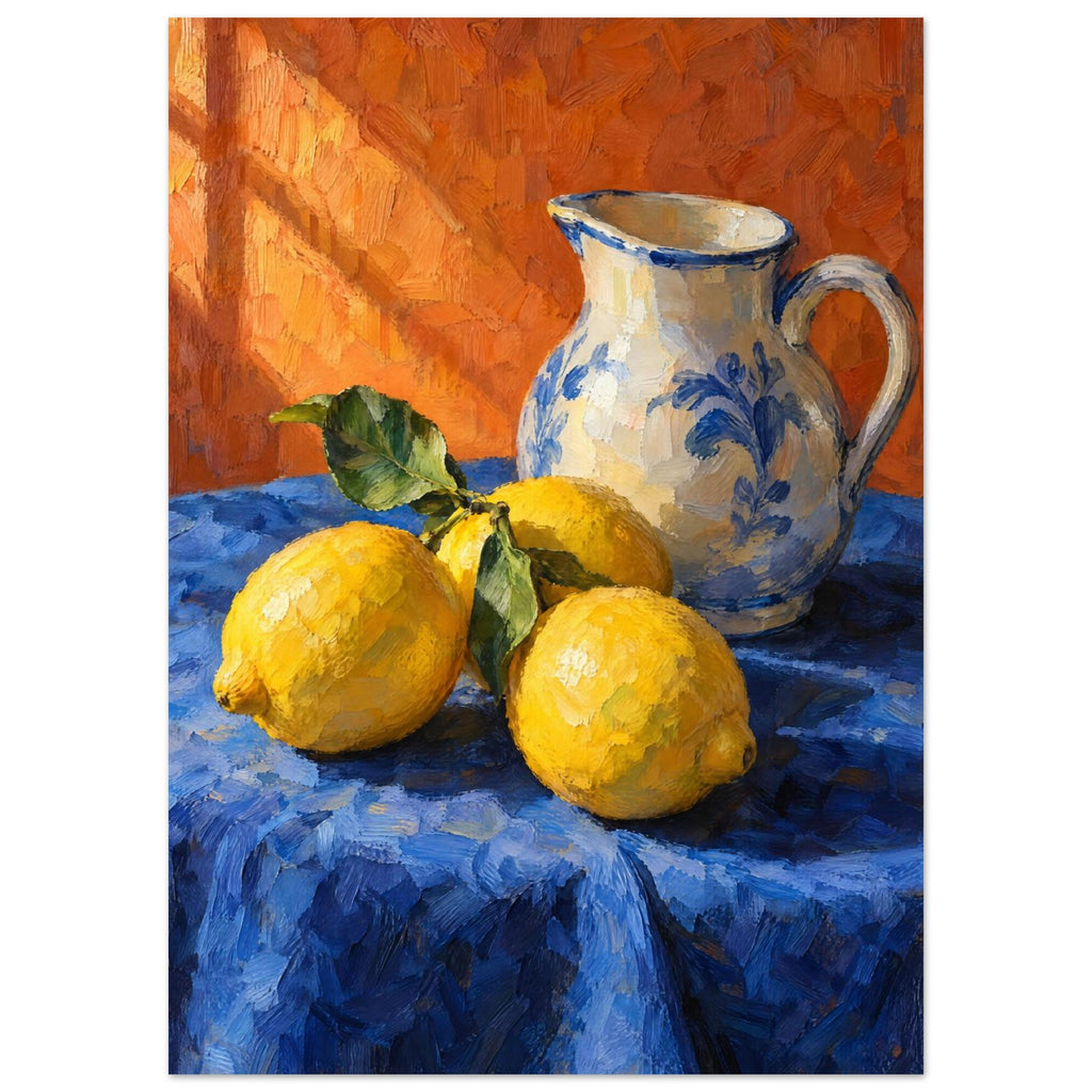 Three yellow lemons with green leaves beside a cream and blue floral jug on blue cloth against an orange background.